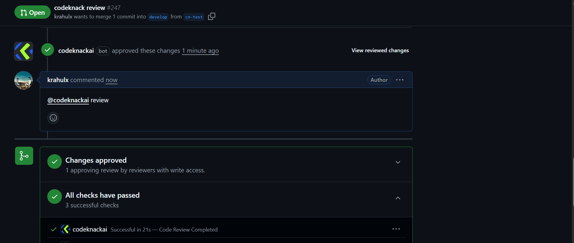 PR Comment using @codeknackai